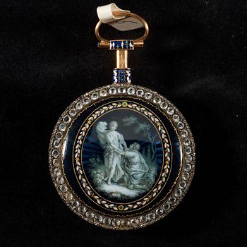 FICKUR, guld, emalj, pärlor samt pastestenar, märkt: "Breguet, Paris", sannolikt 1700-talets slut.