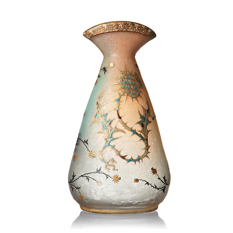 Daum, an opalescent etched and enamel painted glass vase, Nancy, France, 1890's.