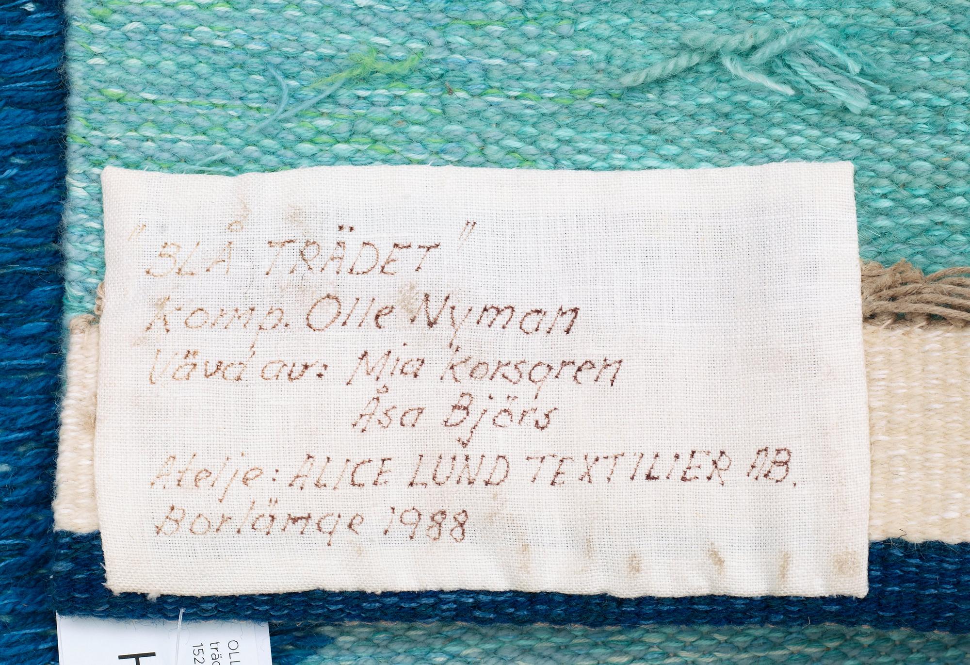 Olle Nyman, VÄVD TAPET. "Blå trädet". Gobelängvariant. 188 x 152,5 cm. Signerad O Nyman.