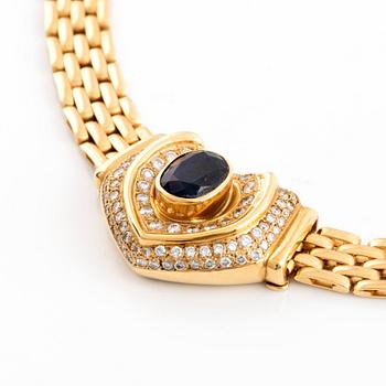 Gold, sapphire and round brilliant cut diamond necklace.