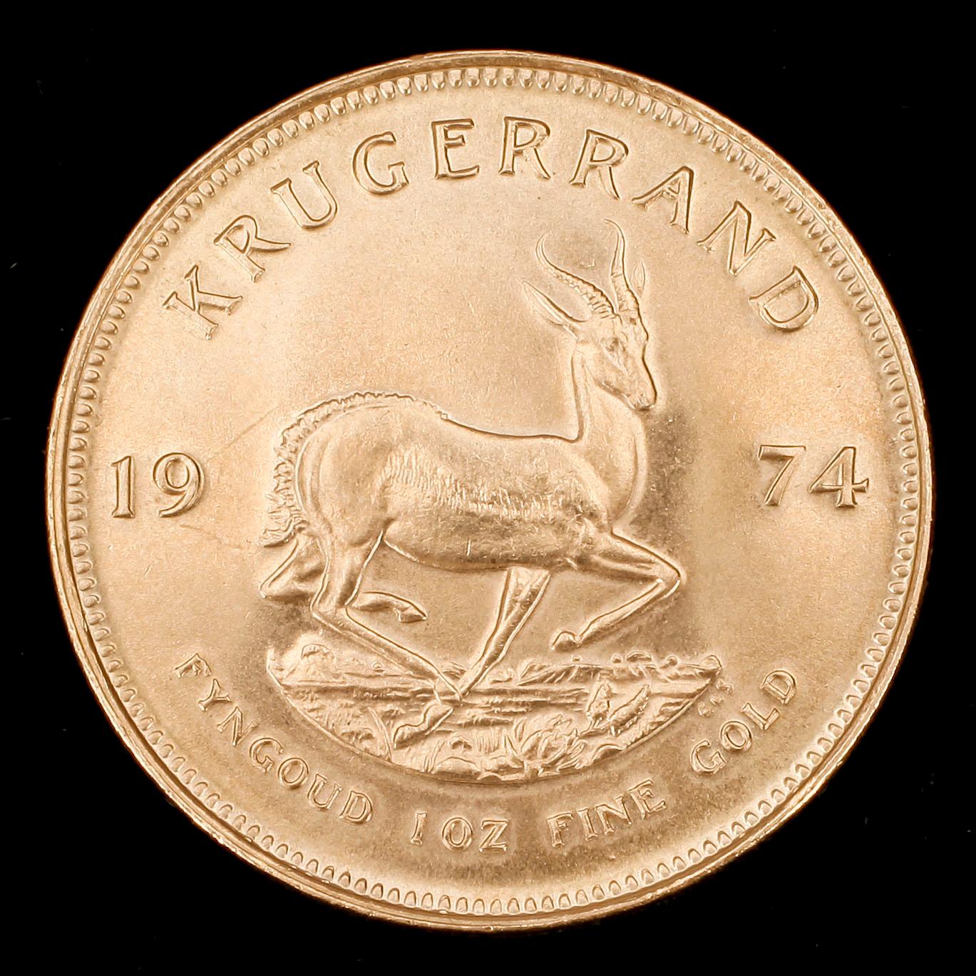 GULDMYNT, finguld, Krugerrand, Sydafrika, 1974. Vikt 34 gr.