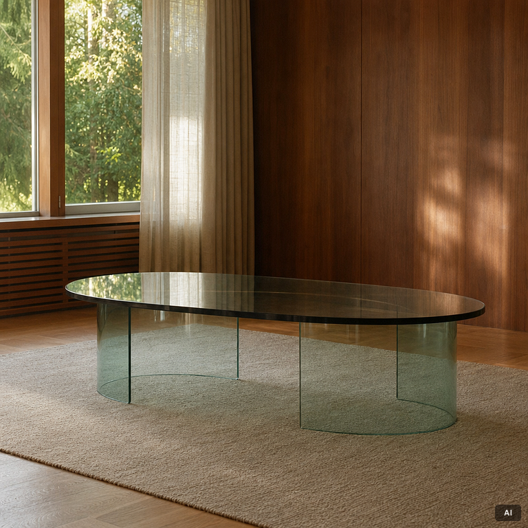 A glass coffee table, contemporary.