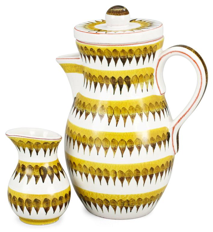 A Stig Lindberg faience coffee pot and creamer, Gustavsberg Studio 1940-50's.