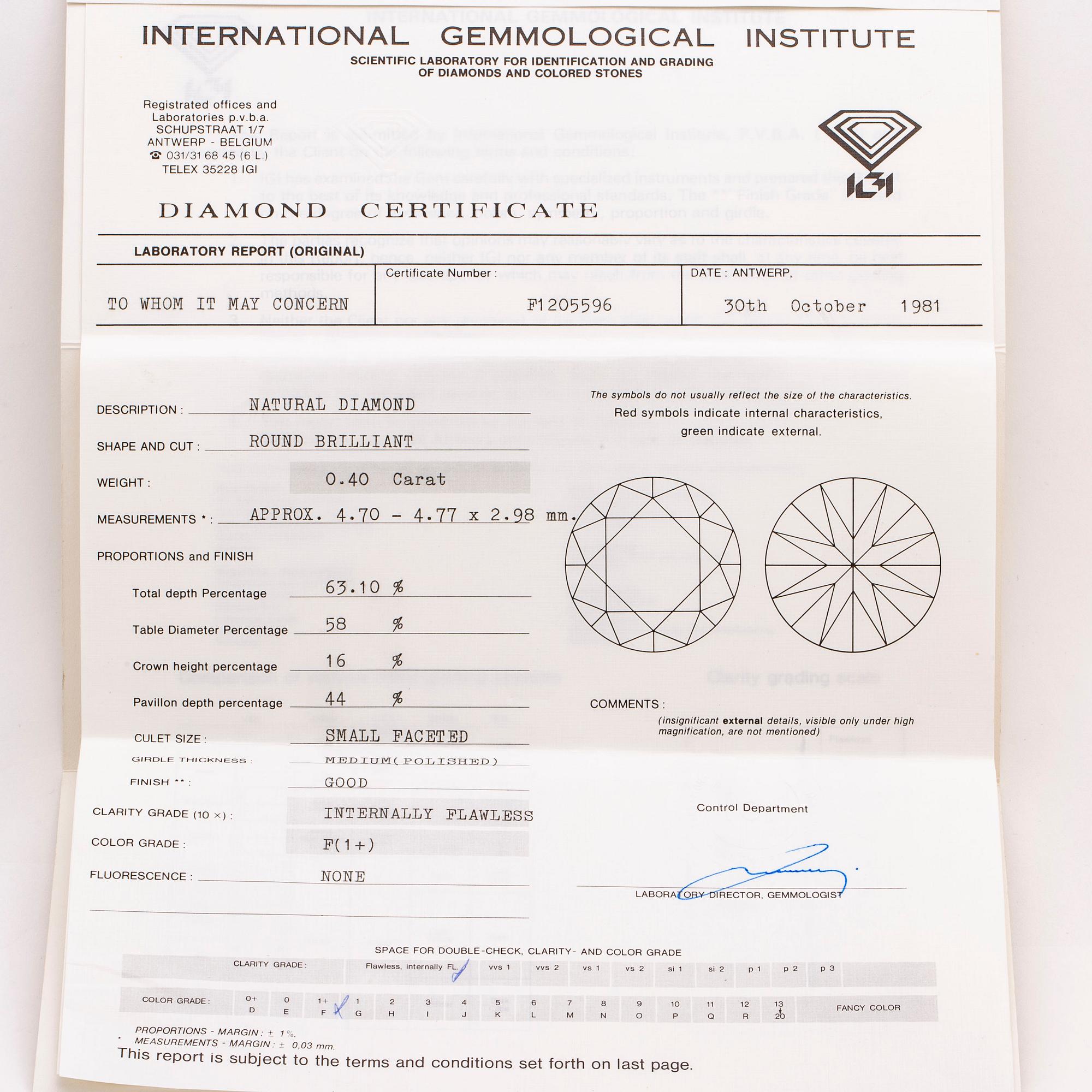 Brilliant-cut diamond 0,40 ct, F IF, IGL cerificate 1981.