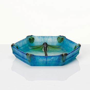 Amalric Walter & Henri Bergé, a pâte de verre dish with a dragonfly, Nancy France 1920s.