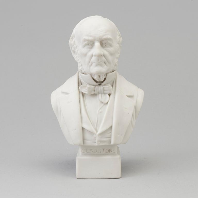 A bisquit sculpture bust of Cladstone, Robinson & Leadbeater, England, 1870s.