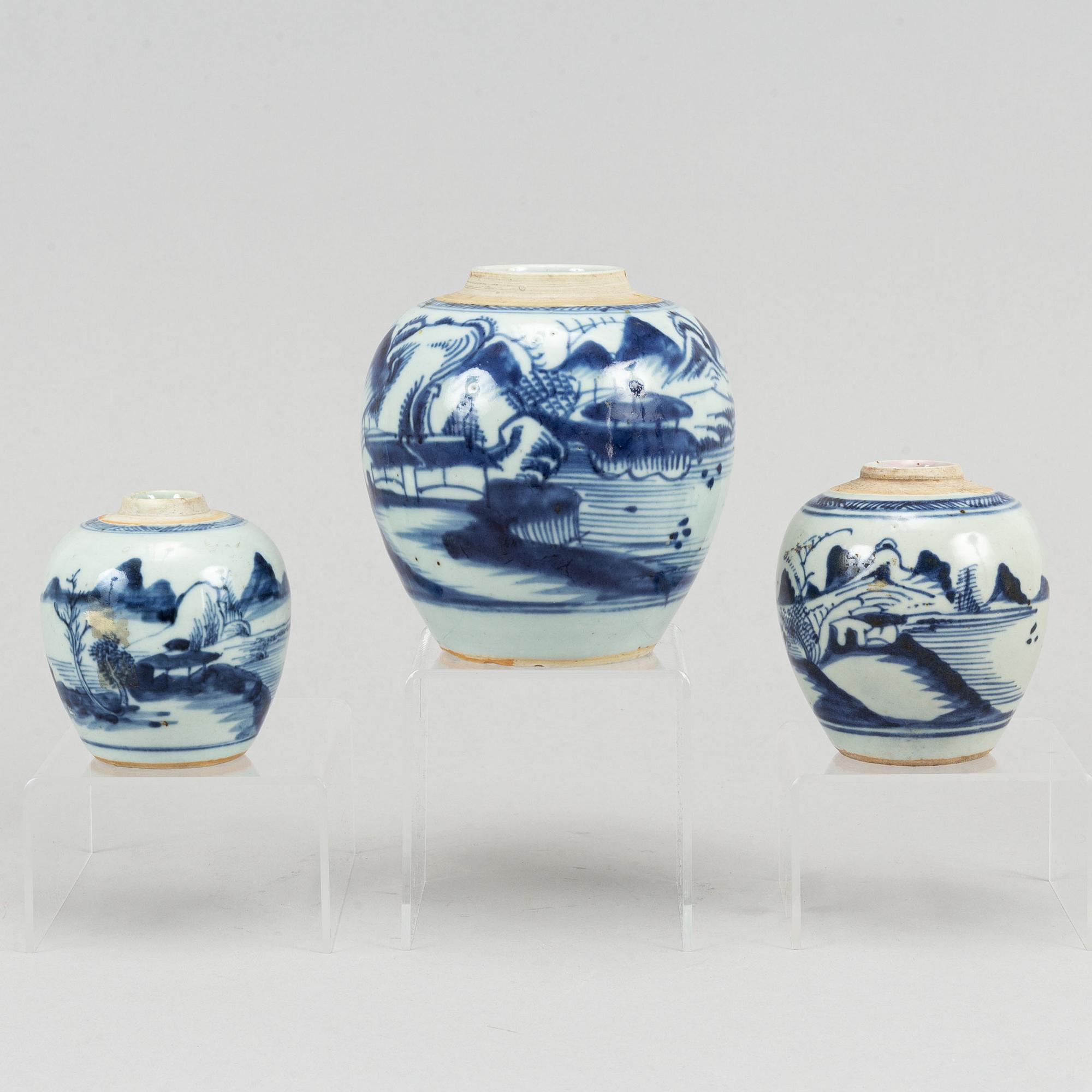 A set of three blue and white jars, Qing dynasty, 19th Century.