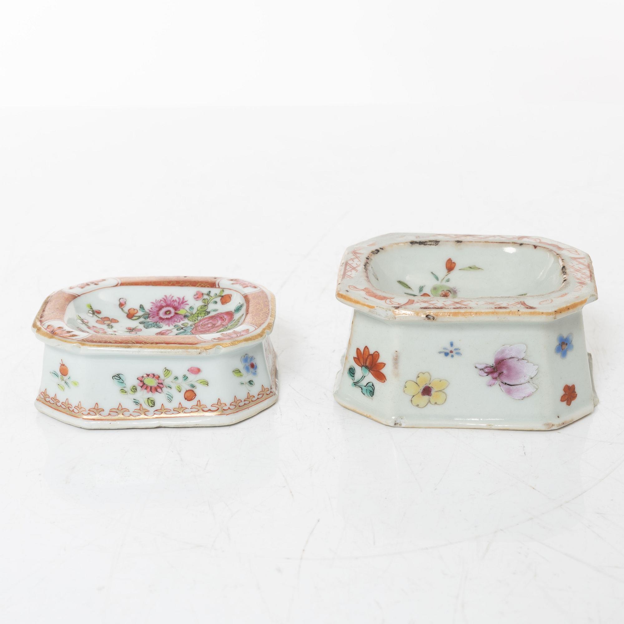 A small Chinese famille rose porcelain tureen with cover and stand, two salt cellars, Qing dynasty, Qianlong (1736-95).