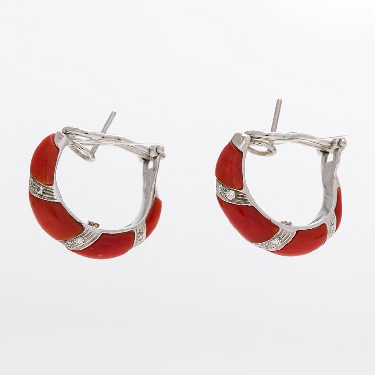 Earrings, coral, 18K white gold, brilliant-cut diamonds, Italy.