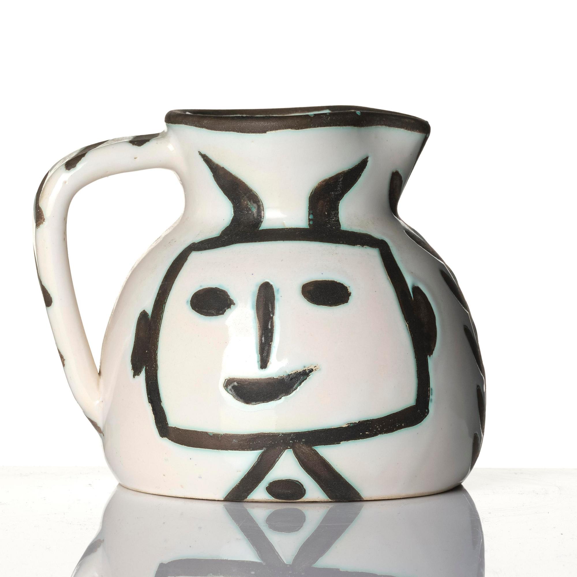 Pablo Picasso, a "Pichet tête carrée" (A.R. 223) faience pitcher, Madoura, Vallauris, France, post 1953.