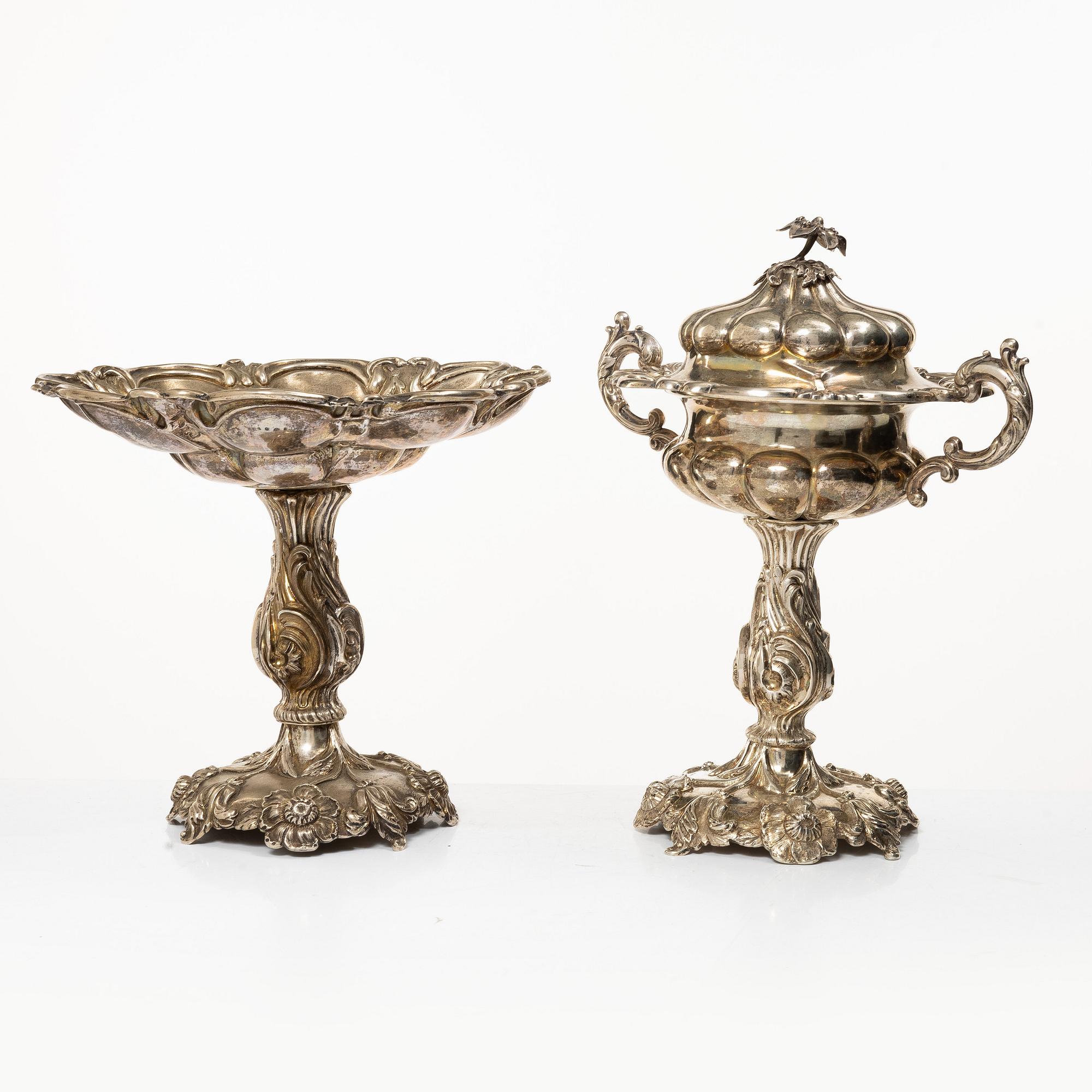 A Swedish silver sugar bowl and a centerpiece bowl, marks of G Möllenborg (Ferón) and C Hammer, Stockholm 1850-1860.