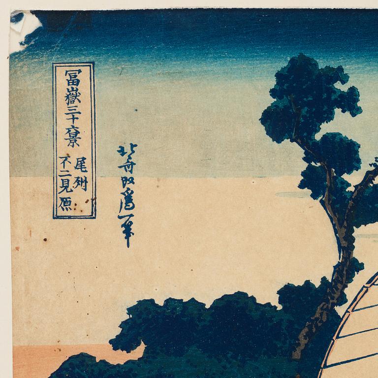 KATSUSHIKA HOKUSAI (1760–1849), efter, färgträsnitt. Japan "Fujimigahara".