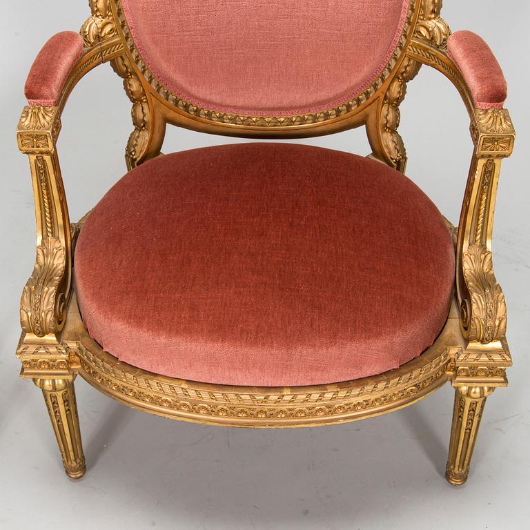 Armchair and stool, Louis XVI style, circa 1900.