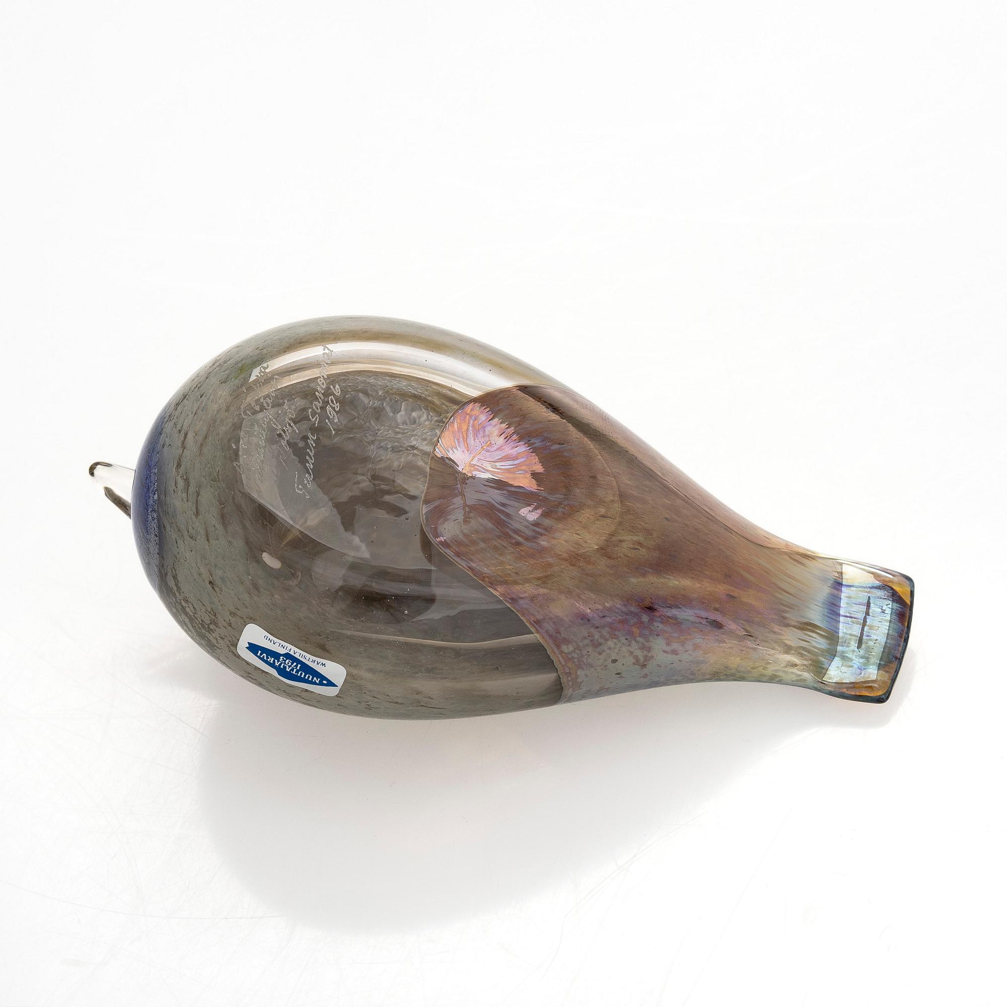 Oiva Toikka, Glass bird, signed Oiva Toikka Nuutajärvi Notsjö Turun Sanomat 1986.