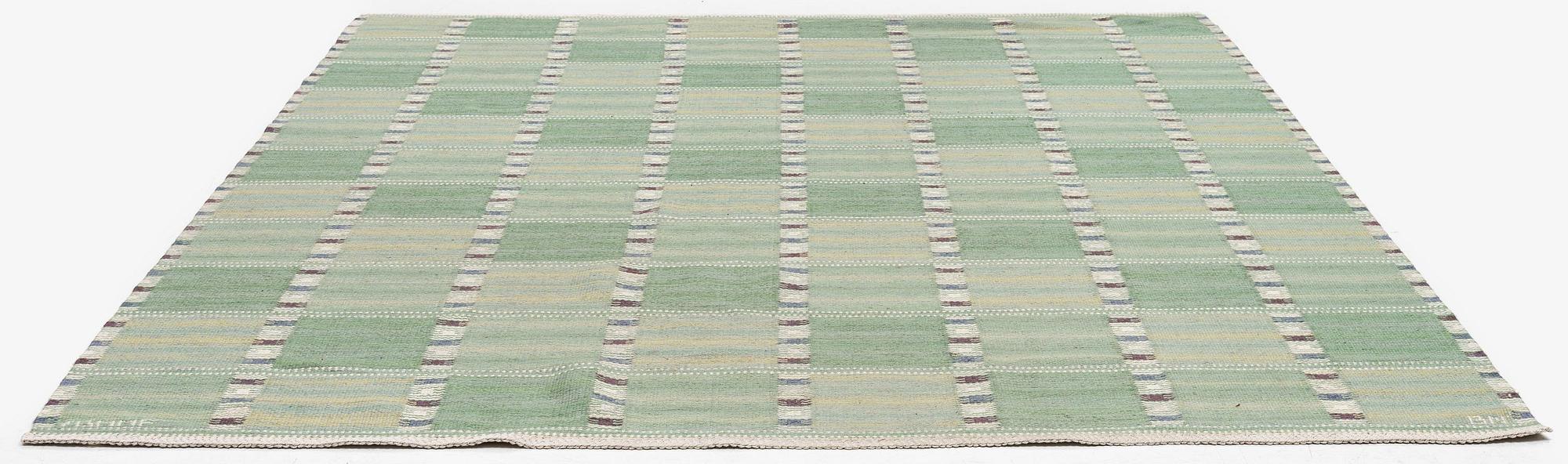 Barbro Nilsson, a carpet, 'Falurutan grön I', flat weave, c. 266 x 210 cm, signed AB MMF BN.