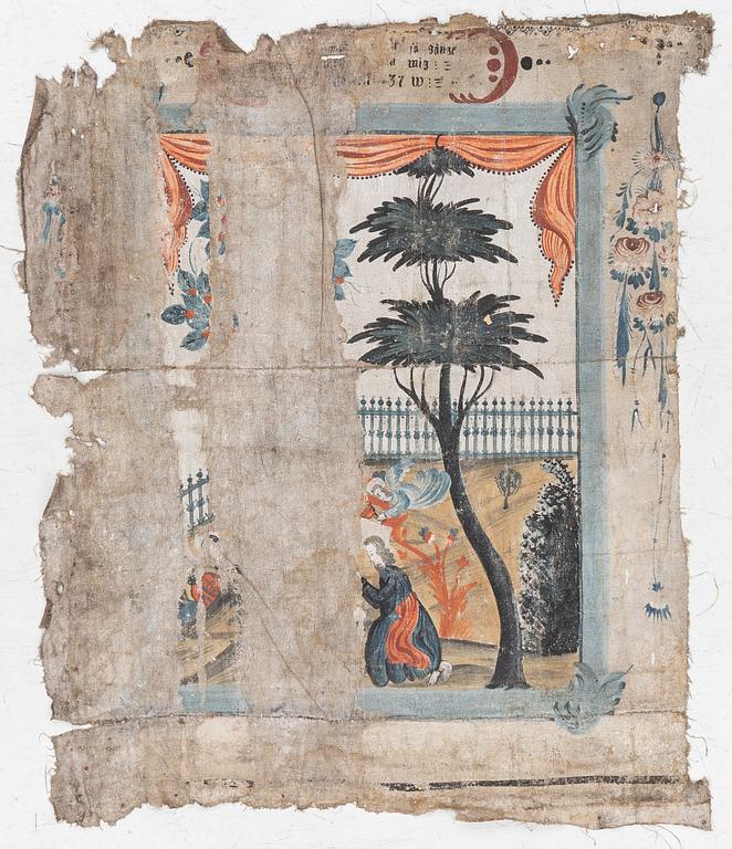 A nine-piece part folk art wall painting from Värmland, Sweden, late 18th century.