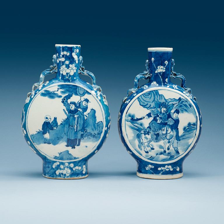 A set of two blue and white moon flask, Qing dynasty, 19th Century.