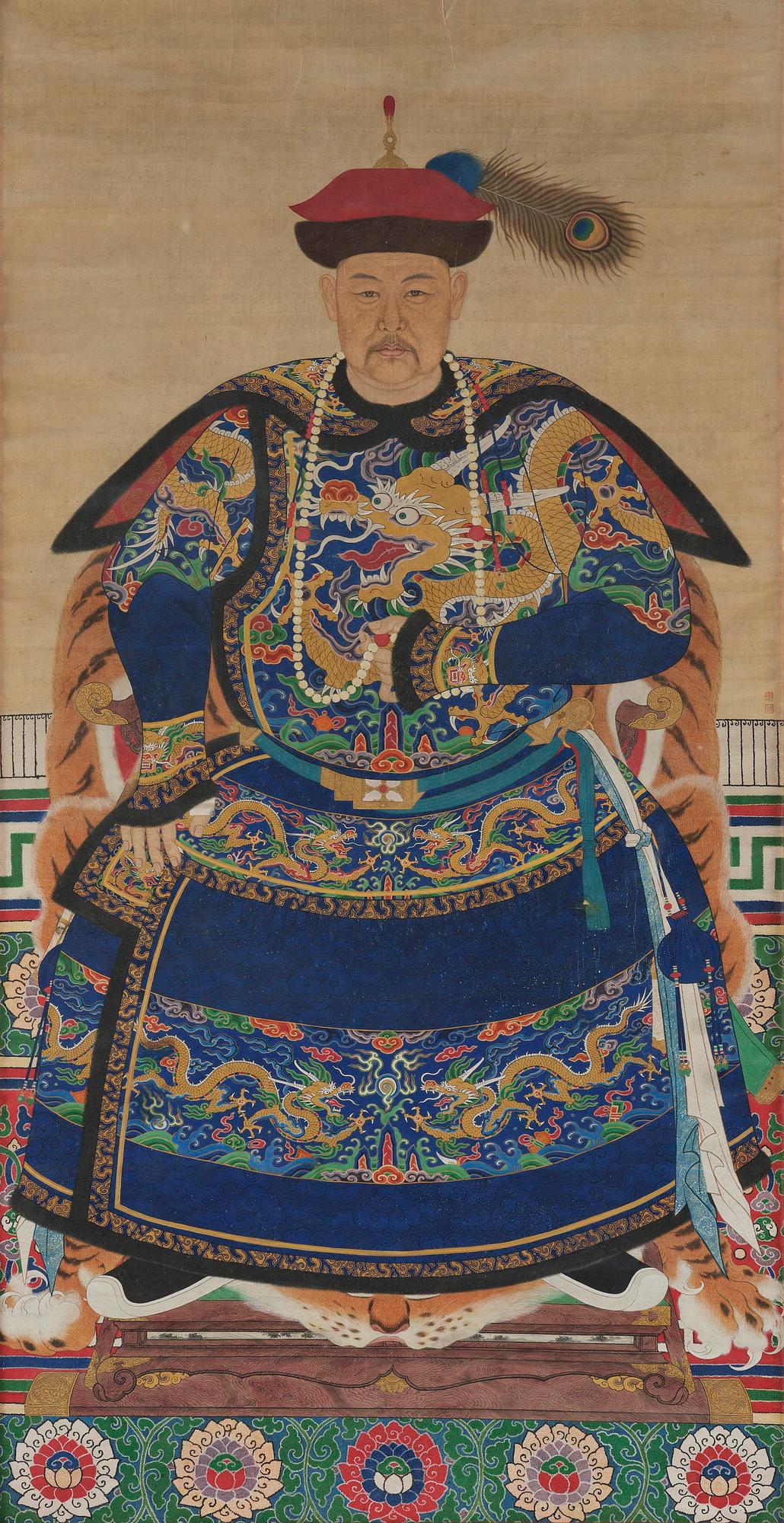 Förfadersporträtt, Qingdynastin, 1800-tal. Med signatur.