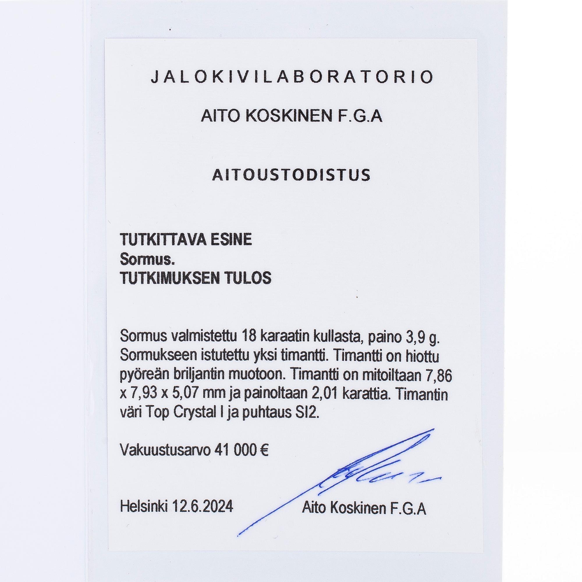 An 18K rose gold ring, with a brilliant-cut diamond approximately 2.01 ct, accompanying HRD report.