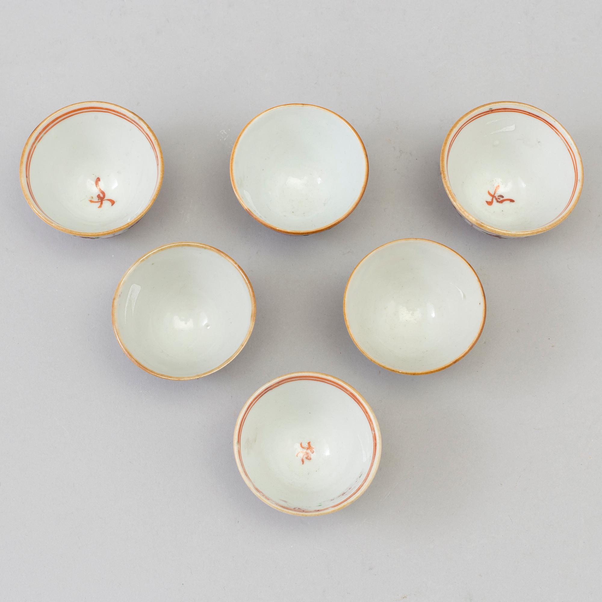 Six famille rose export porcelain cups, Qing dynasty, 18th century.