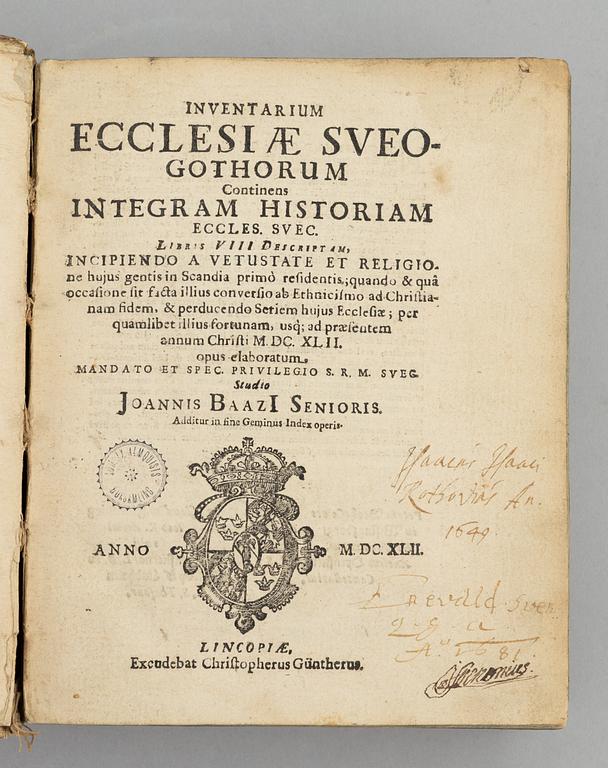 Baazius viktiga svenska kyrkohistoria, 1642, med proveniens från Åbo.