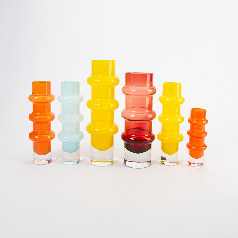 Bo Borgström, vaser, 6 st, glas Åseda Glasbruk, 1960-tal.