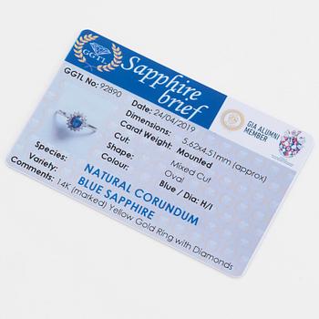 Oval mixed-cut sapphire and round brilliant-cut diamond halo ring.