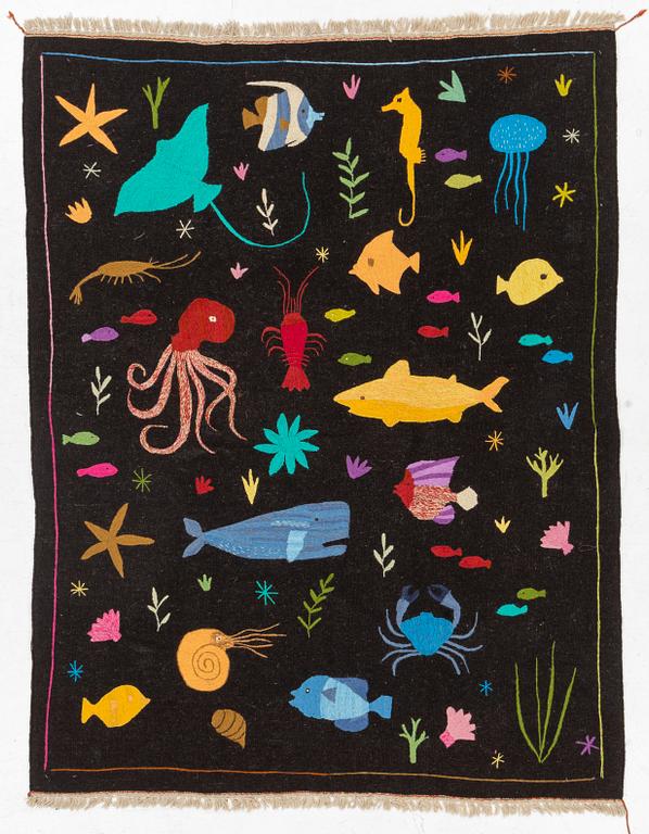 A hand-embroidered Kilim rug, c. 200 x 155 cm.