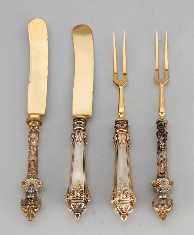 BESTICK, 12+12 st, delvis silver, nyrenässans, 1800-talets slut.