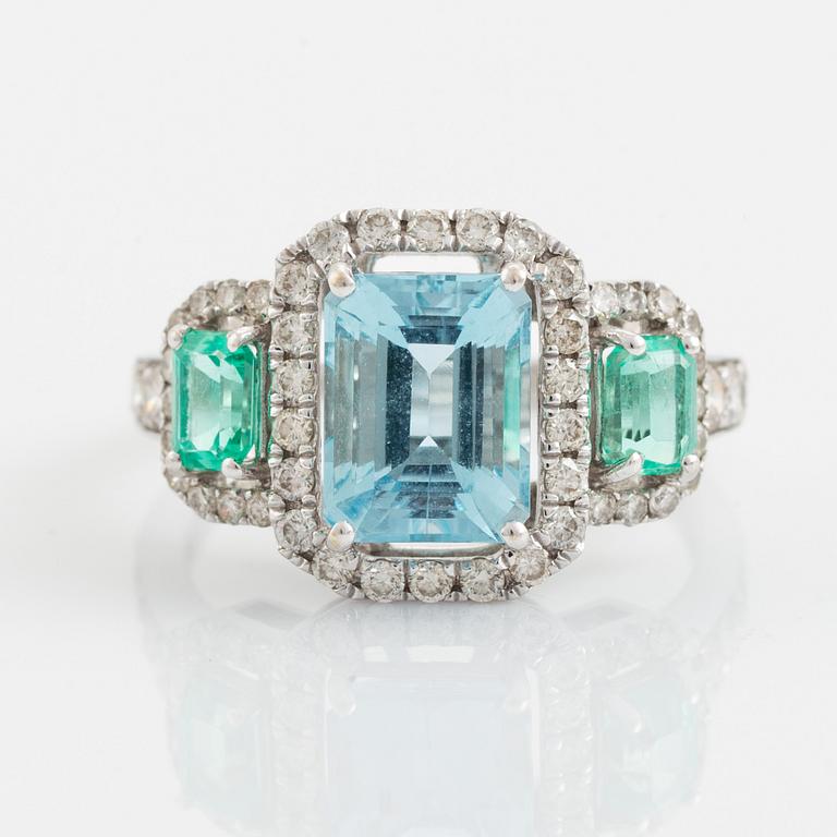 Aquamarine, emerald and brilliant-cut diamond ring.