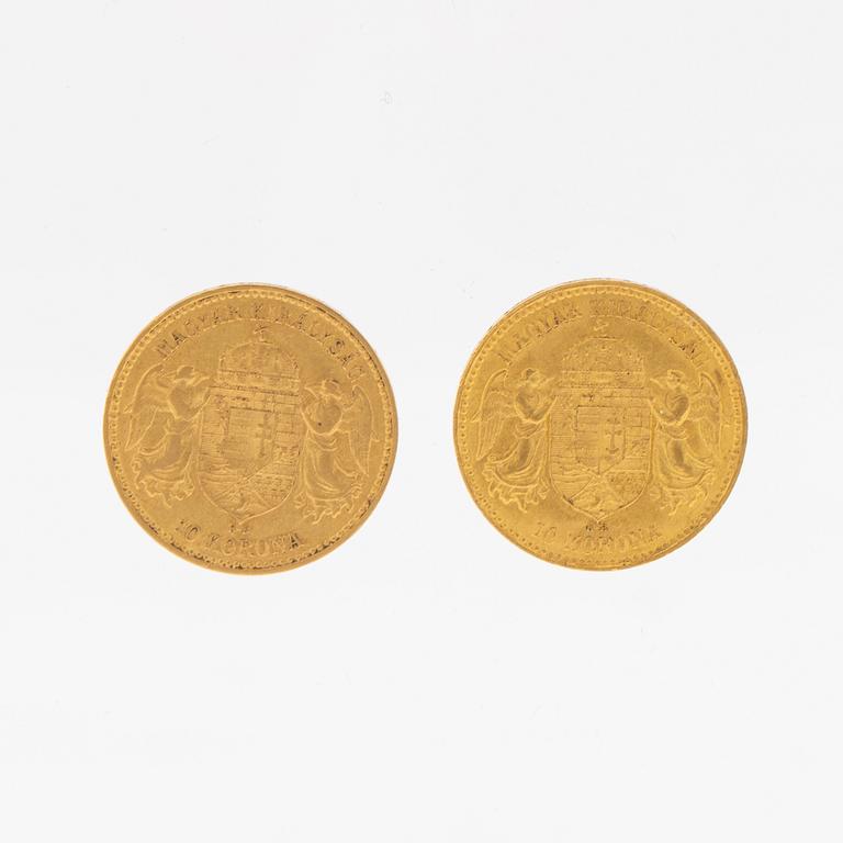 Coins 2 pcs 10 Korona gold, Hungary 1899 and 1909.