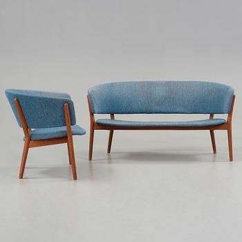 Nanna & Jørgen Ditzel, an upholstered teak settee and lounge chair, Søren Willadsen, Denmark 1950's.