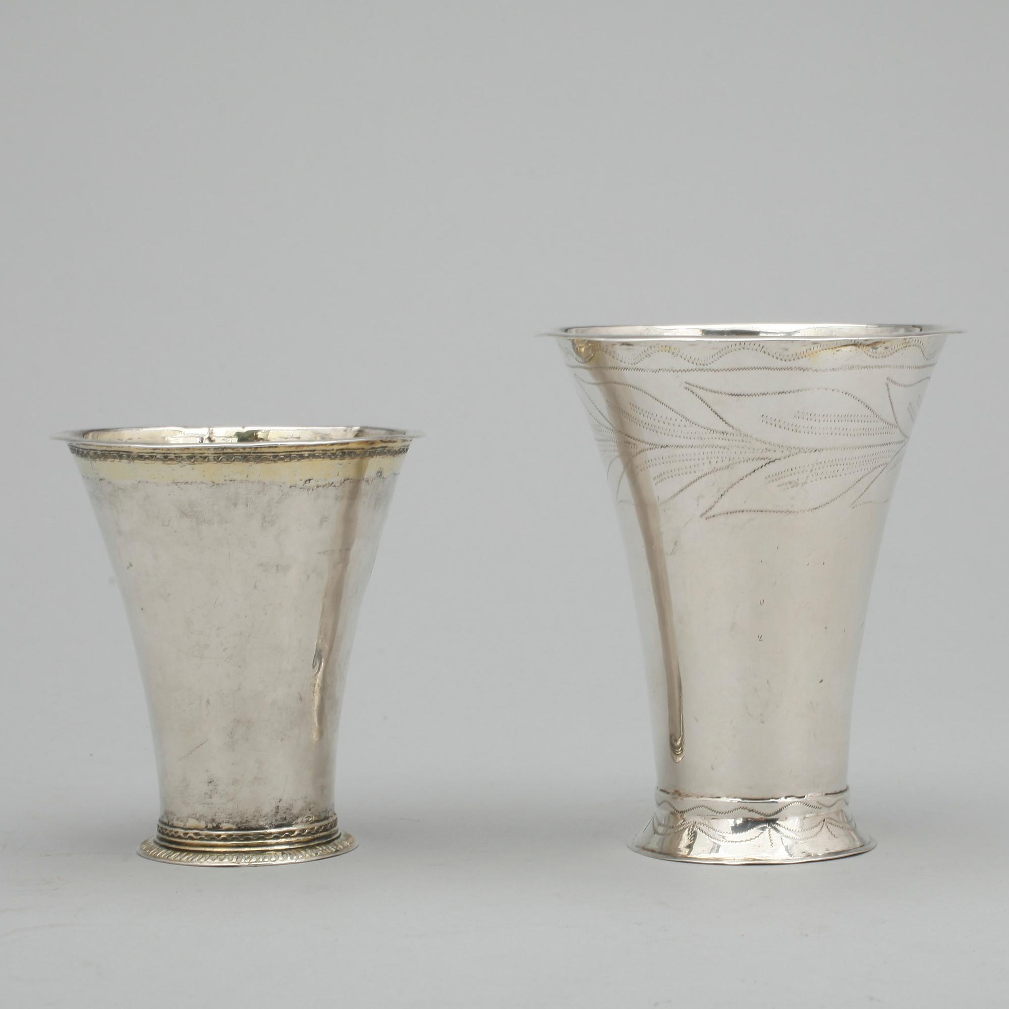 BÄGARE, 2 st, silver, Petter Röding, Varberg 1755 resp Johan Henrik Leffler Falun 1803. Tot ca 104 gram.