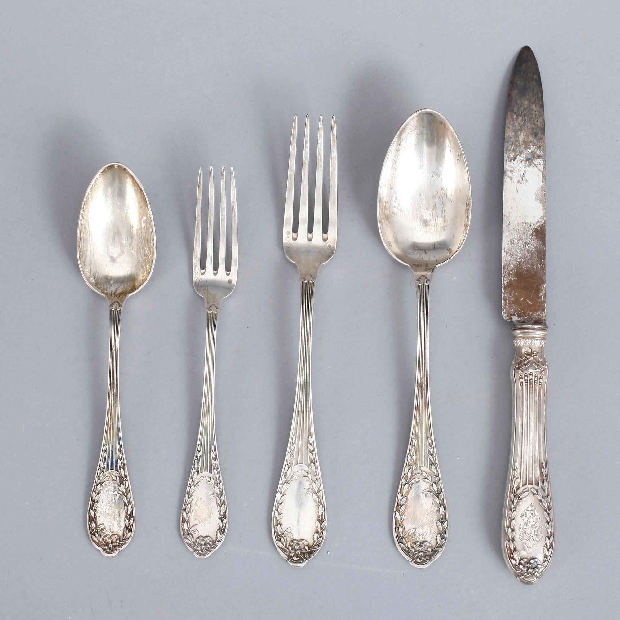 BESTICKSERVIS, 27 delar, silver, Adolphe Boulenger Paris, Frankrike, 1800-tal. tot vikt (ekl knivar.