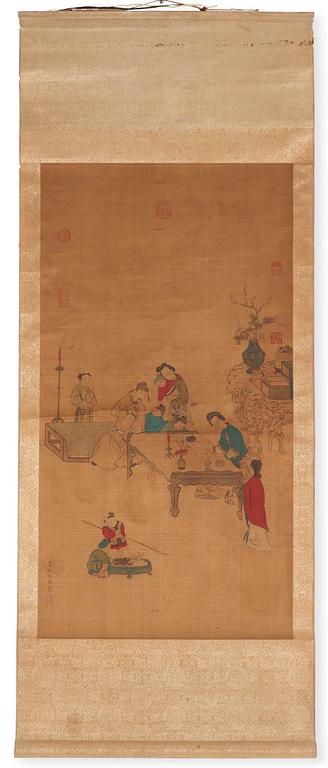 A Chinese scroll painting, ink and colour on silk laid on paper, late Qing dynasty/early 20th Century.