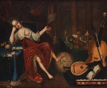 Unknown artist 17th Century. Vanitas with silver objects, musical instruments and a skull.