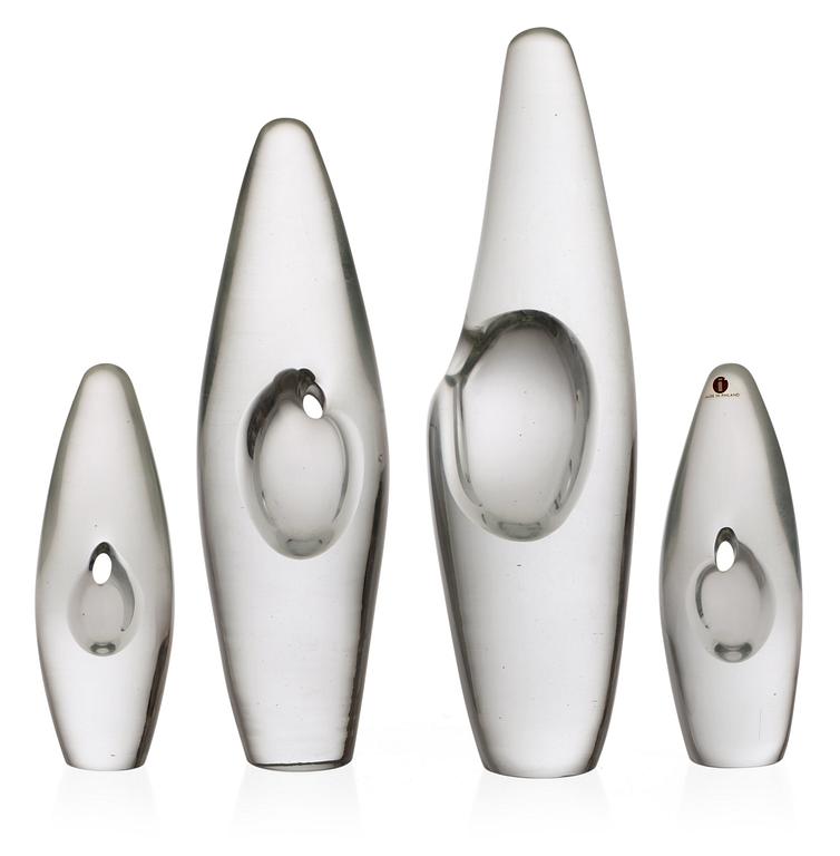 A set of four Timo Sarpaneva 'Orkidea' glass art objects, Iittala, Finland.