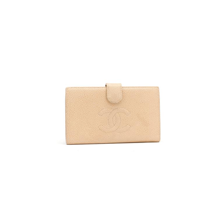 CHANEL, a beige caviar leather wallet.