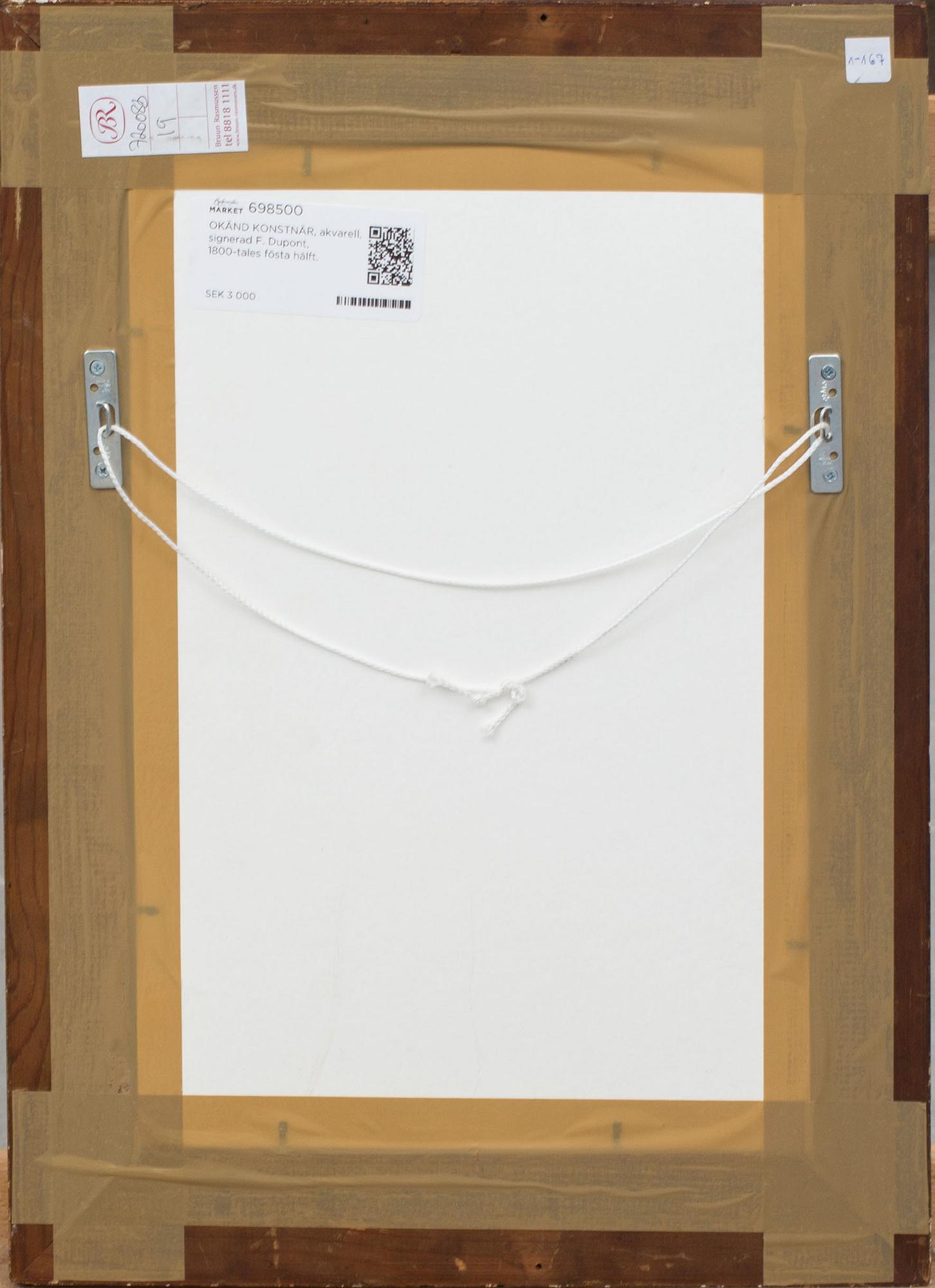 OKÄND KONSTNÄR, akvarell, signerad F. Dupont,  1800-tales fösta hälft.