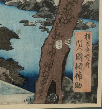 Utagawa Kunisada och Utagawa Kuniyoshi, träsnitt (triptyk resp diptyk).
