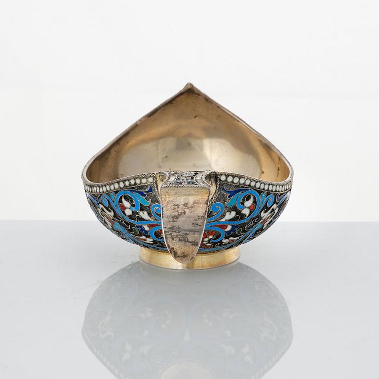 A Russian silver-gilt and cloisonné enameled kovsh, unidentified makers mark, St. Petersburg 1899-1908.