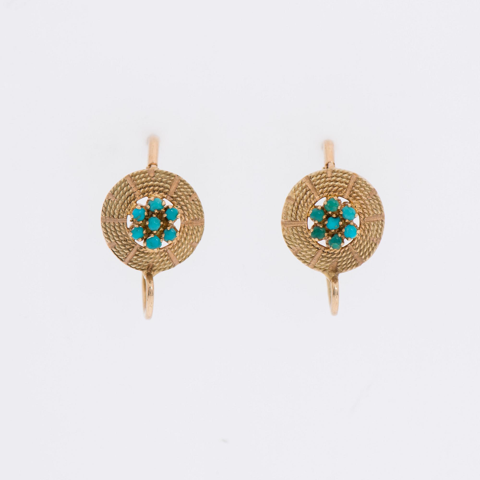 COLLIER och ÖRHÄNGEN, 14K guld, cabochonslipade turkoser. Hugo Grün, Helsingfors 1966.