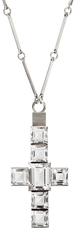 A Wiwen Nilsson rock crystal pendant and chain, sterling, Lund 1938.