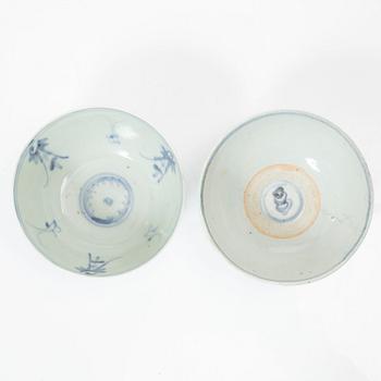 A group of four blue and white porcelain bowls, made for the Southeast Asian market, Ming and Qing dynasty.