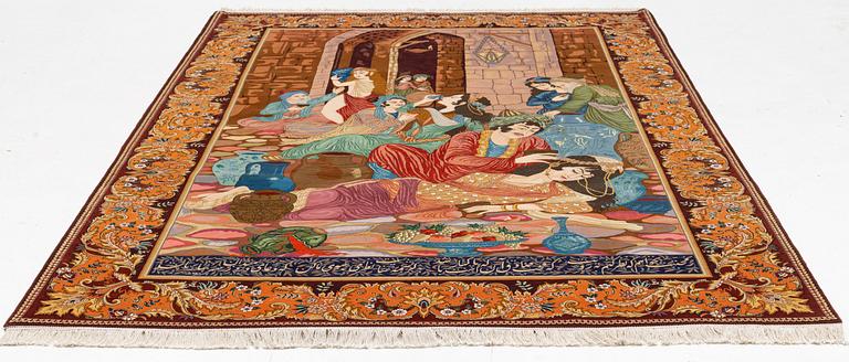 Rug, Tabriz, figural, signed, approx. 285 x 196 cm.