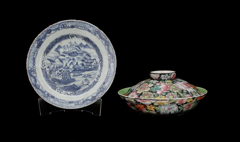 SKÅL med LOCK samt TALLRIK, porslin. Kina 1800-tal.