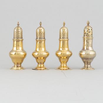 Four English 18th century silver-gilt caster-cruet, one pair marked Thomas Shepherd, 1790, one John Delmester 1760,