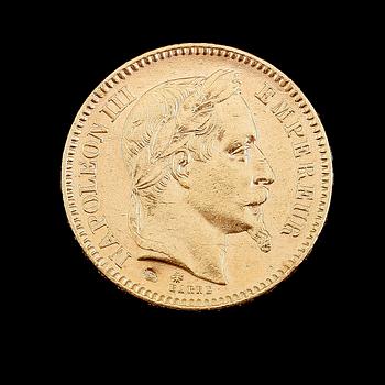 GULDMYNT, 20 franc, Napoleon III, 1866. Vikt ca 6 gram.