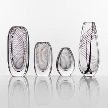 Vicke Lindstrand, four glass vases, Kosta.