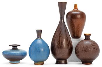 482. A set of five Berndt Friberg stoneware miniature vases, Gustavsberg studio 1960's.